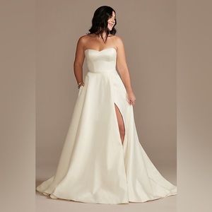 David's Bridal strapless satin wedding dress with slit